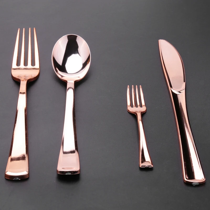 

1 Sets of Rose Gold Disposable Tableware Set Cup Plastic Plate Table Knife Wedding Banquet Supplies