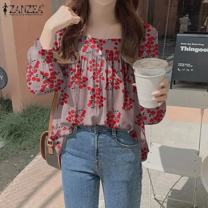 

ZANZEA Female O Neck Tunic Femme Printed Chemise Oversized Women's Spring Blouses Kaftan Floral Tops Casual Puff Sleeve Blusas
