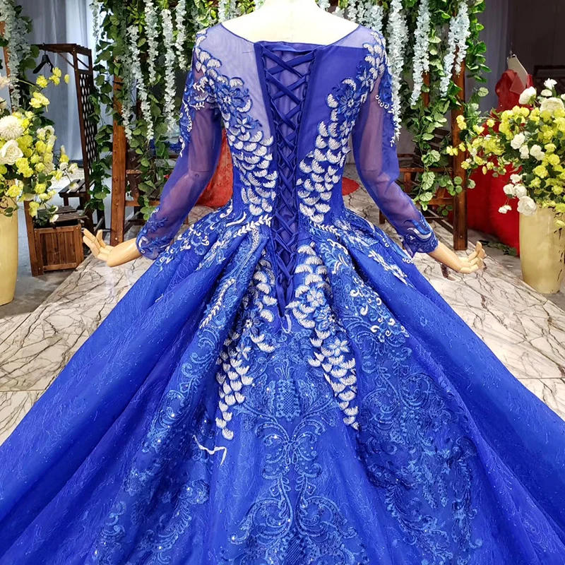 

BGW HT33029 Blue 3D Flower Evening Dresses Long Sleeve O Neck Party Dresses Women Evening