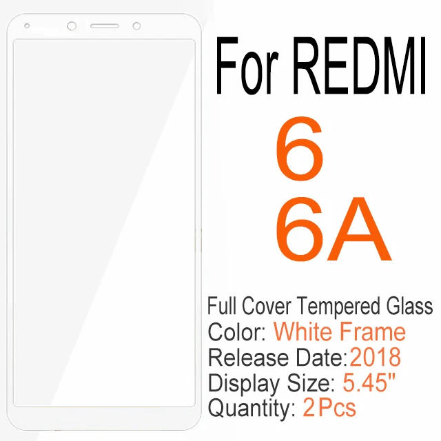RedMi 6 (6A) White 2 шт полное покрытие из закаленного стекла для Xiaomi redmi 6 6A 7 7A K20 Note 6 7 Pro, Защитное стекло для экрана для redmi S2 GO Y3 - Цвет: RedMi 6 (6A) White