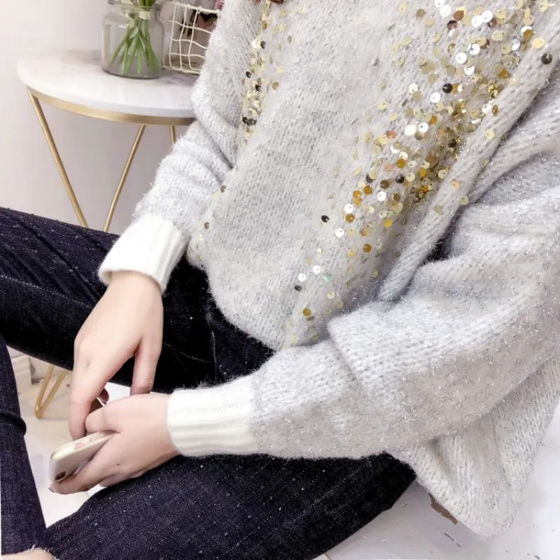 

Sweet Sequins Embroidery Long Sleeve Sweaters Women 2021 New Fashion Autumn Loose Pullover Knitting Sweater Female White/Black