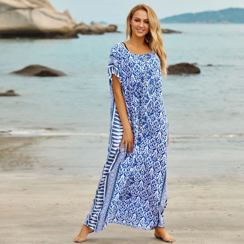 Платье-Кафтан длиной до пола цвета индиго этническое платье макси Пляжная