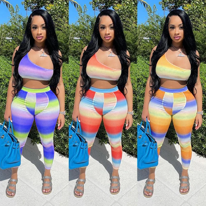 

Casual Women Color Patchwork Two Piece Set Sleeveless Crop Top + Long Pants Sportsuit Summer Clothes For Women Outfit