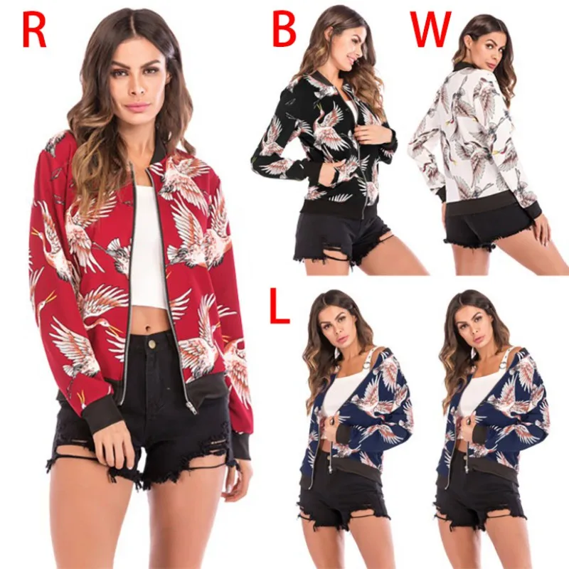 

EFINNY Womens Jacket Retro Floral Flying Crane Zipper Bomber Jacket Clothes Autumn Fashion Casual Outwear Baseball Uniform