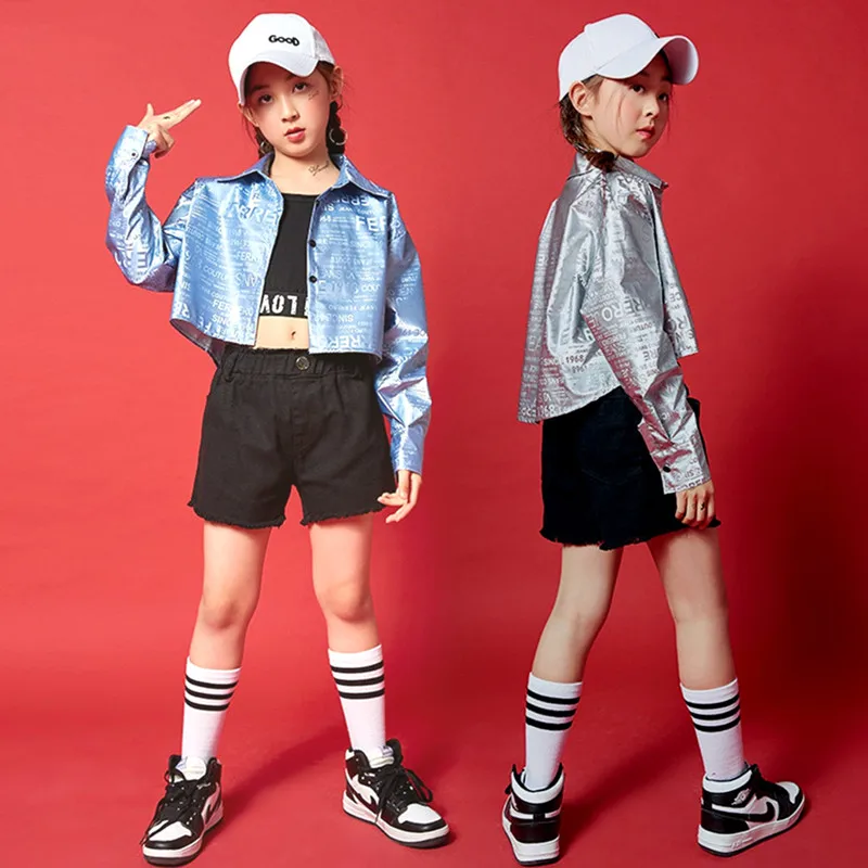 

Hip Hop Girls Performance Jacket Shorts Kids Jazz Crop Top Shining Shirt Child Clothing Sets Teen Stage Street Dance Costume