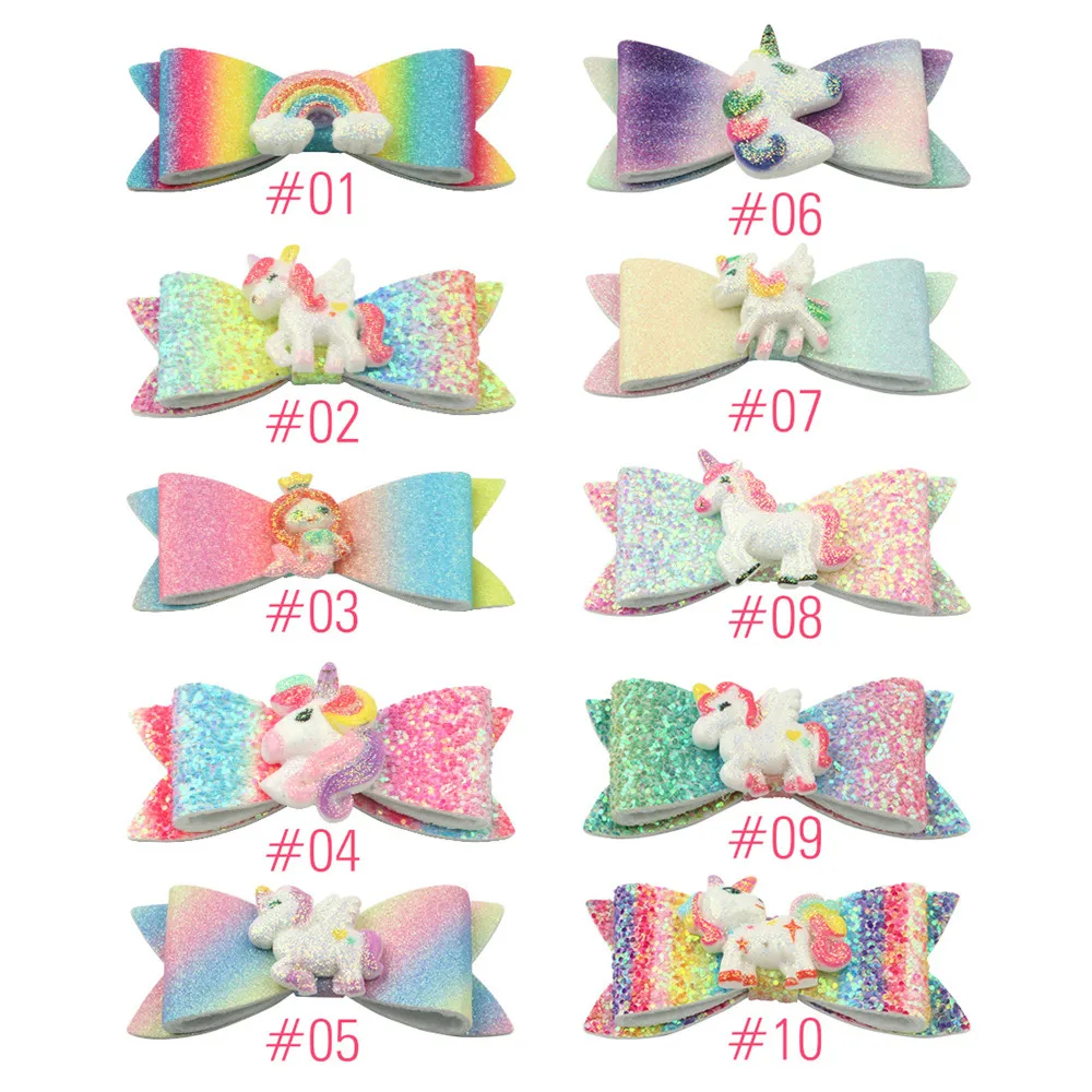 

New arrive 3''Rainbow Gradient Unicorn Bows clips for Girls Shiny Glitter Hair Clips Princess Hair Accessory 10pcs/Lot