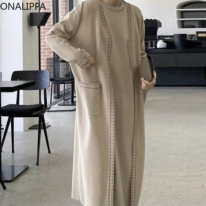 

ONALIPPA Winter Ladies Elegant Temperament Sets French Contrasting Color Stitch Pocket Long Cardigan Sweater Knitted Vest Dress
