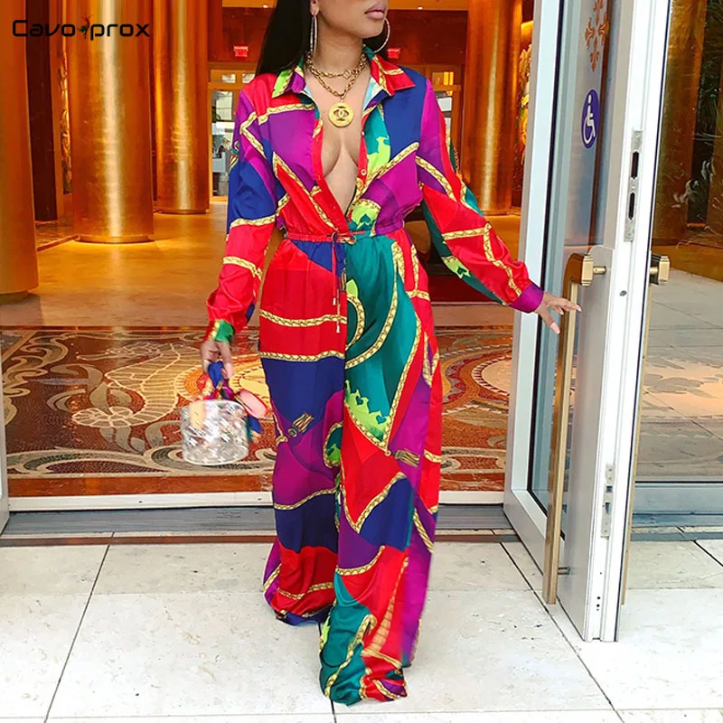 Женский комбинезон с принтом, длинным рукавом, отложным воротником, v-образным вырезом и широкими штанинами, сексуальный пляжный комбинезон в стиле бохо, элегантные вечерние комбинезоны
