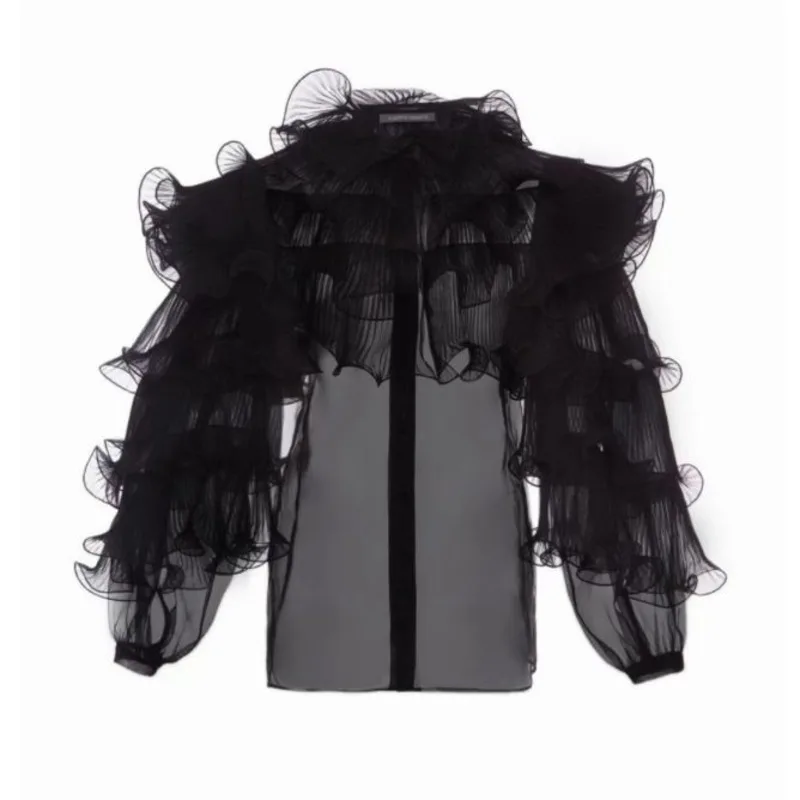 

[DEAT] O-neck Solid Korea Fashion Temperament Layers Of Black Chiffon Patchwork T-shirt Women 2021 Spring And Summer GX1001