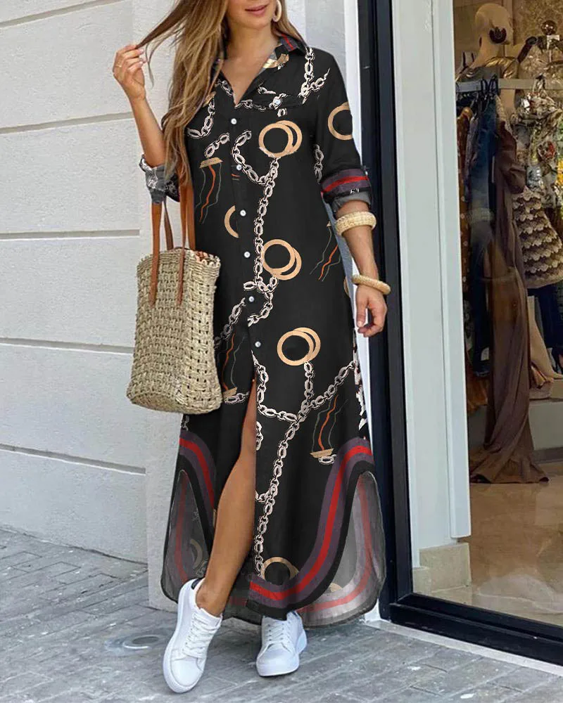 

Women Elegant Lapel Neck Button Down Dress 2021 Summer Letter Print Long Shirt Dress Casual Long Sleeve Lady Party Dress Vestido