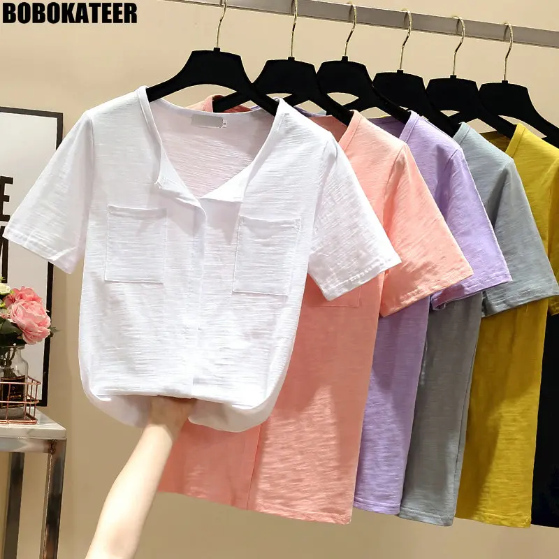 

BOBOKATEER Summer T-shirt Women Clothing Vintage Casual Basic Tops White Tshirts Short Sleeve Pink Tee Shirt Cotton Top 2021