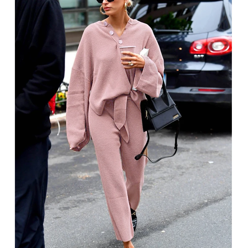 AEL Wool Blend Pullover Loose Casual Knitted Sweater Side Split Women's Top Lace Up Trousers Knitted Loose Pants Spring 2020