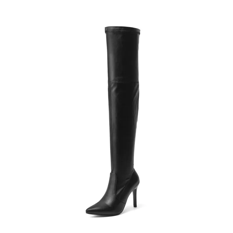 black PU BONJOMARISA/Новые Сапоги выше колена с острым носком, размеры 34-43 пикантные женские сапоги до бедра г. Женская обувь на высоком каблуке для свиданий - Цвет: black PU