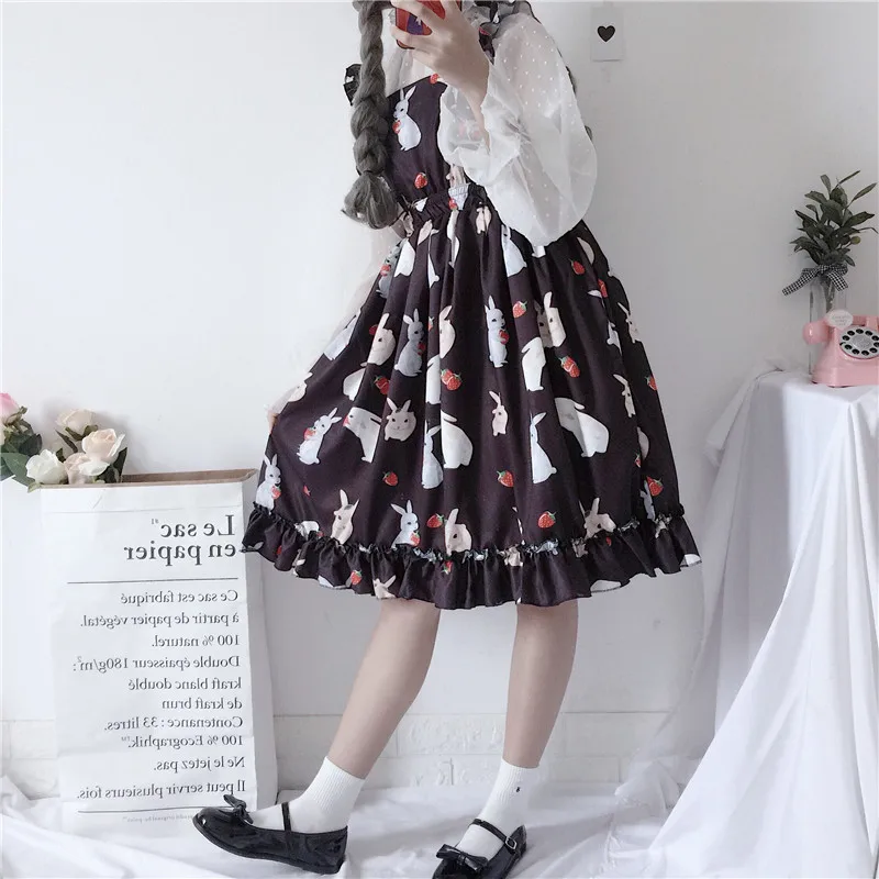 

Lolita JSK Dress Kawaii Jumper Fairy Lace Cute Pleated Ladies Girl Cosplay Skirt Pink Black Women Rabbit Print Skirt
