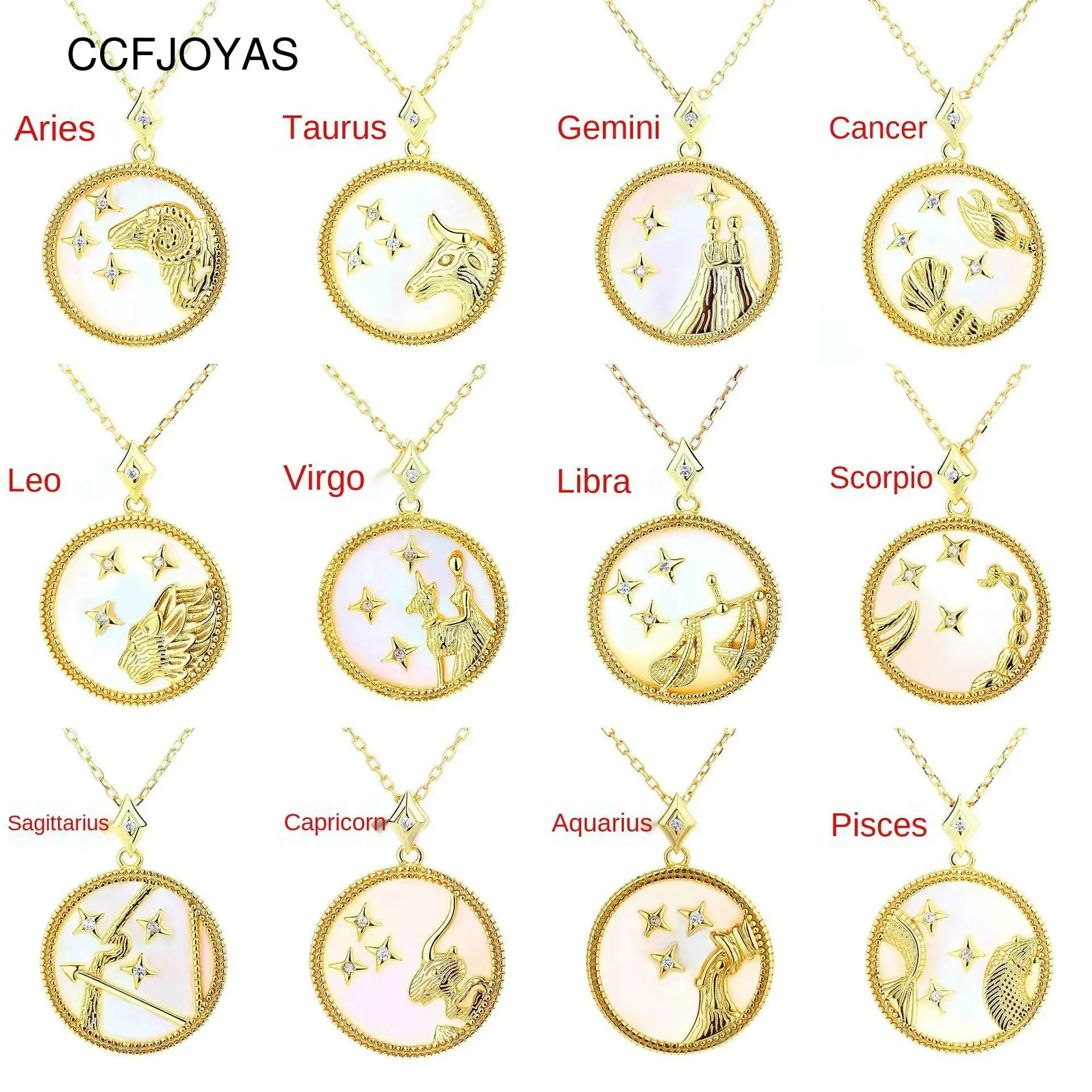 

CCFJOYAS 925 Sterling Silver Twelve Constellation Lucky Necklace Female White Fritillary Pendant Shell Clavicle Chain Necklace