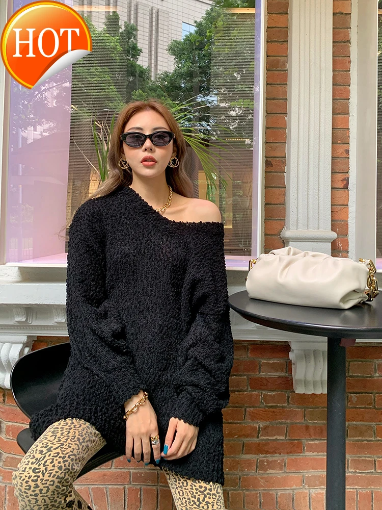 

Peaches languid style long knitted sweater Pullover loose thin temperament wool dress Korean version of autumn winter new