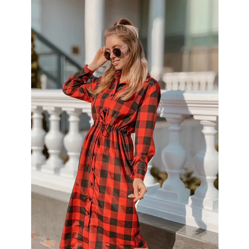 

Women Vintage Plaid Sashes Button A-line Dress Long Sleeve Turne Down Collar Casual Party Dress 2021 Autumn New Fashion Dress
