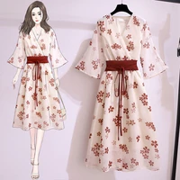women summer 2021 new chiffon floral print elegant casual fashion dress hanfu long qipao retro popular kimono ladies beach skirt