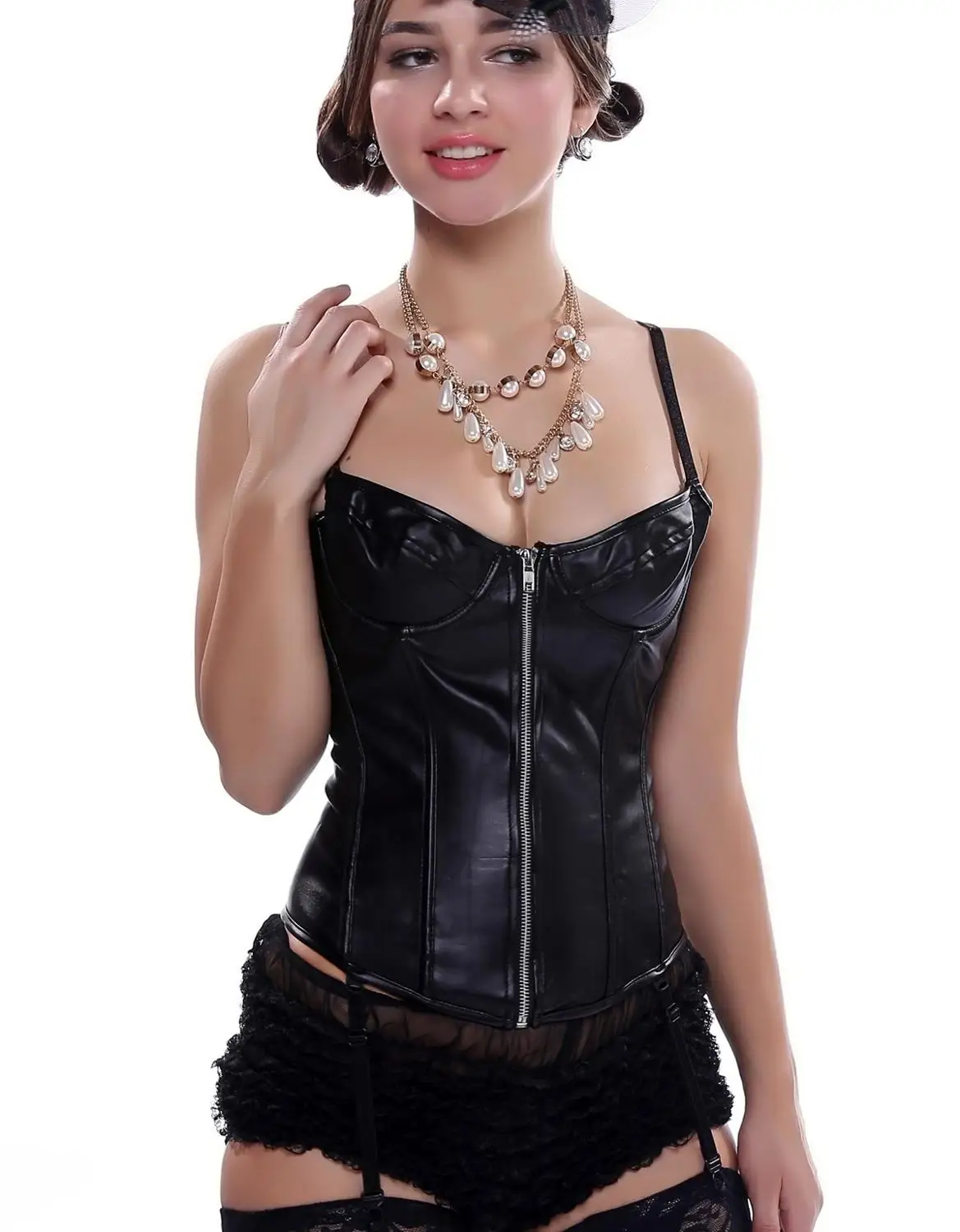 Модный черный готический корсет из искусственной кожи одежда для бурлеска на