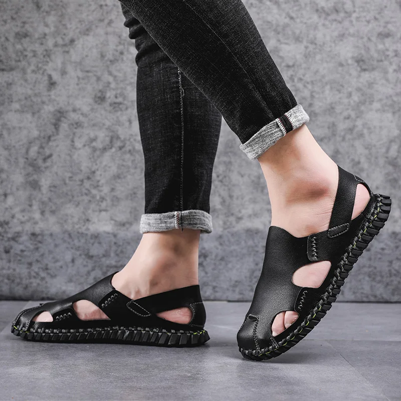 Сандалии мужские кожаные дышащие качественные пляжные тапочки уличные