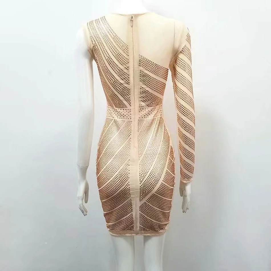 Платье мини с длинным рукавом модное облегающее платье на одно плечо кристаллами