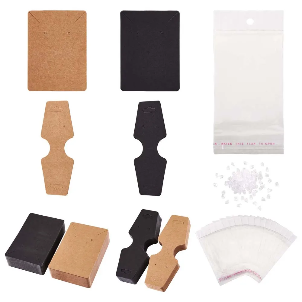 pandahall 500pcs/set Cardboard Display Cards Used For Necklace and Earring with Plastic Ear Nuts and Cellophane Bags Mixed Color
