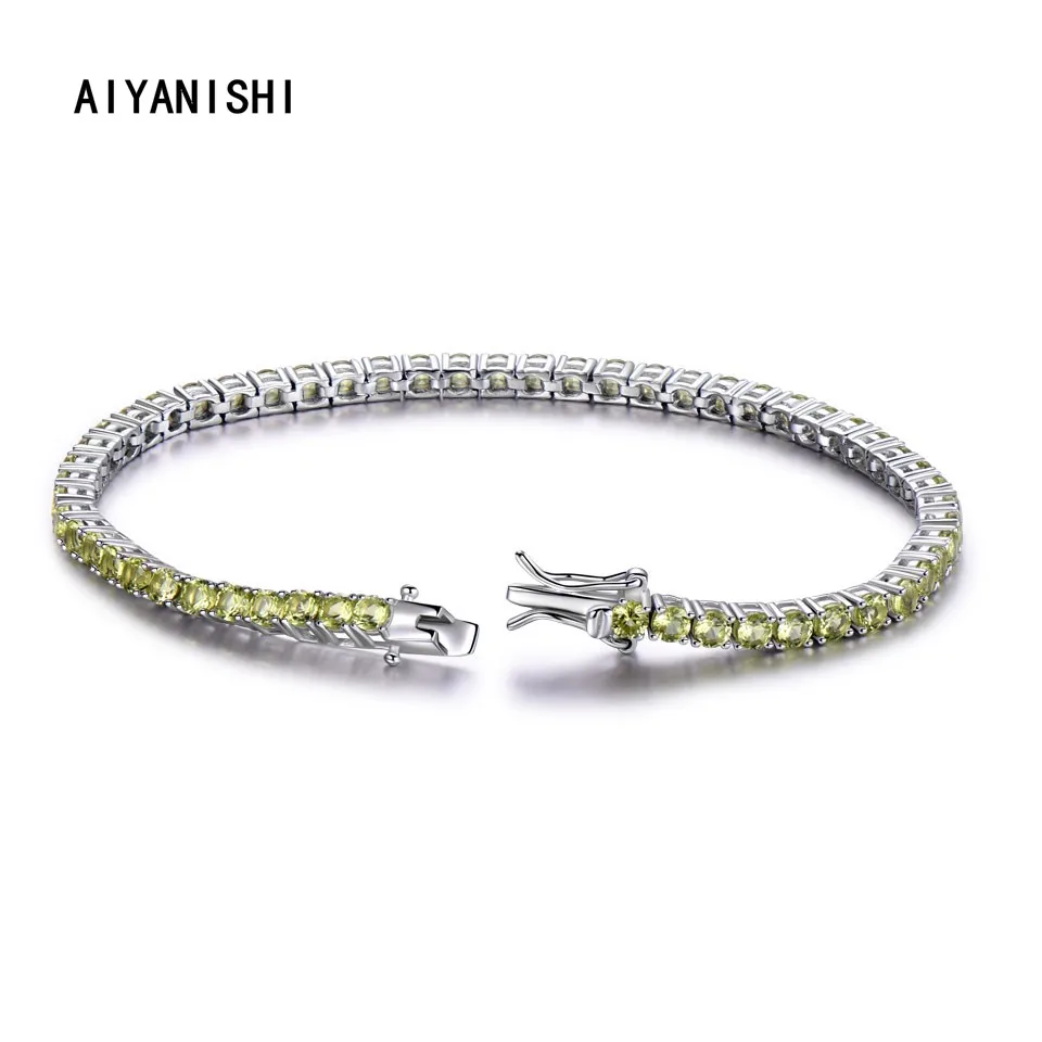 

AIYANISHI 925 Sterling Silver Tennis Bracelet for Women 19cm 3mm Round Peridot Bracelet Sona Diamond Women Wedding Lover Gifts