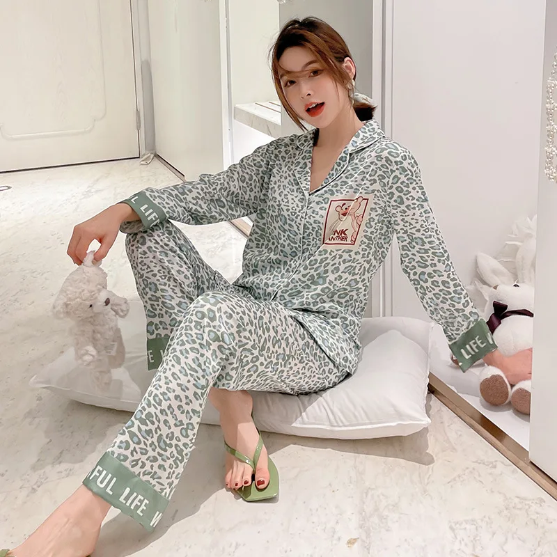 

Women's New Pajamas 2021 Korean Version Pink Leopard Printing Maiden Cartoons Long Sleeve Ice Silk Tracksuit