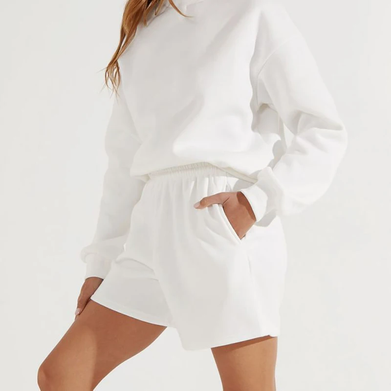 

Spring Women's Leisure Sports Suit Round Neck Pullover Long Sleeve Top + Pure Color Elastic Waist Pocket Elastic Shorts For Lady