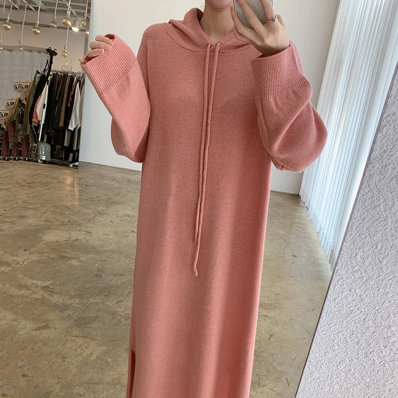 

2021 Hooded Knitted Dress Woman Autumn Oversized Gray Solid Knitting Dress Vestido Woman Korean Long Sleeve Fall Knitwear Warm