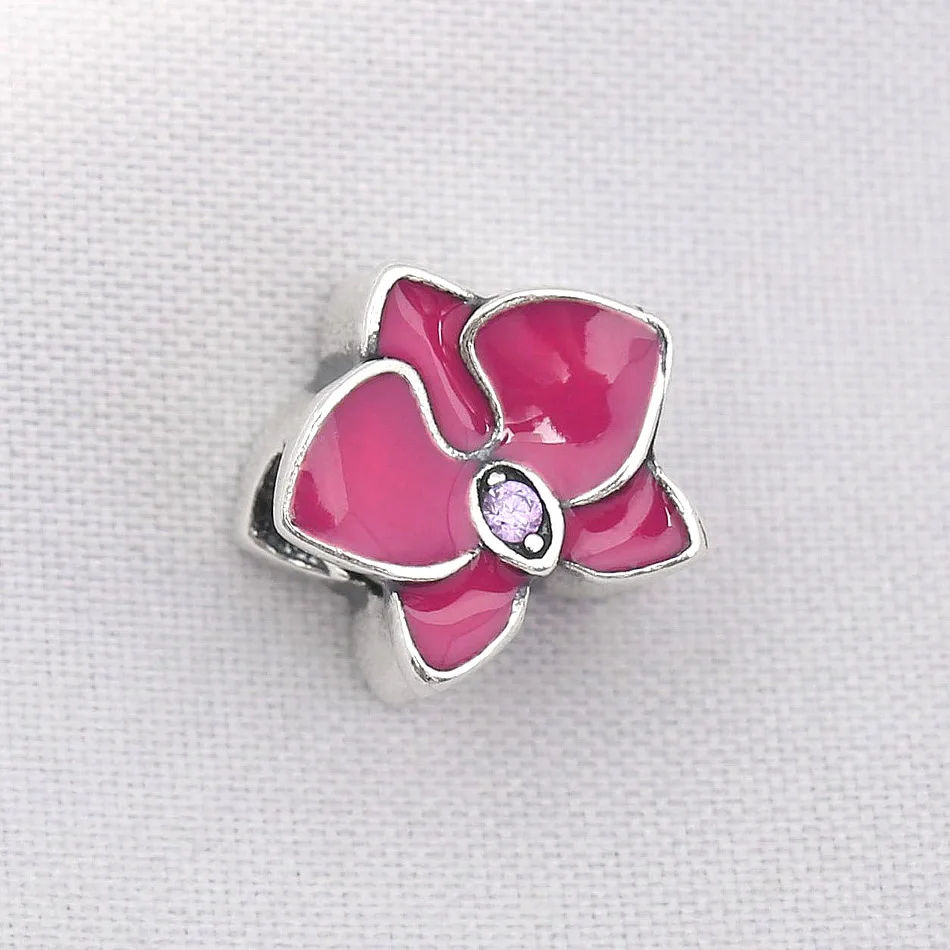 Оригинальный цветок орхидеи из белой и красной эмали с хрустальными бусинами