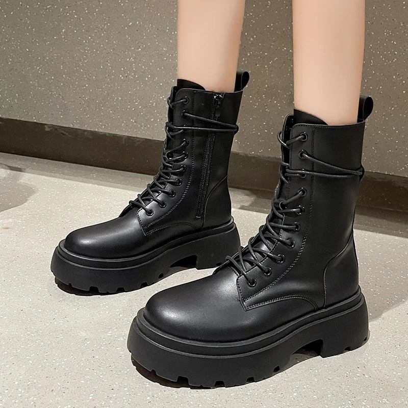 

British Style Fashion Women's Martin Boots Winter Thick-soled Lace-up Mid-tube Boots Outdoor Non-slip Comfortable Women's Boots