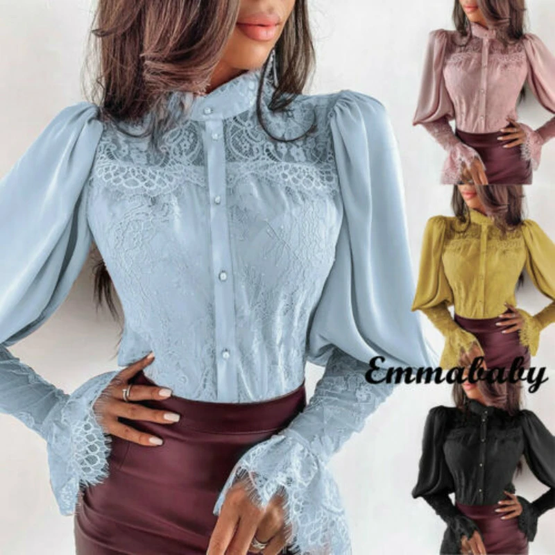 

Women's Solid Color Loose Chiffon Lace Long Lantern Sleeve Patchwork Button Casual Fashion Blouse 2020 Hot Sale Free Shipping