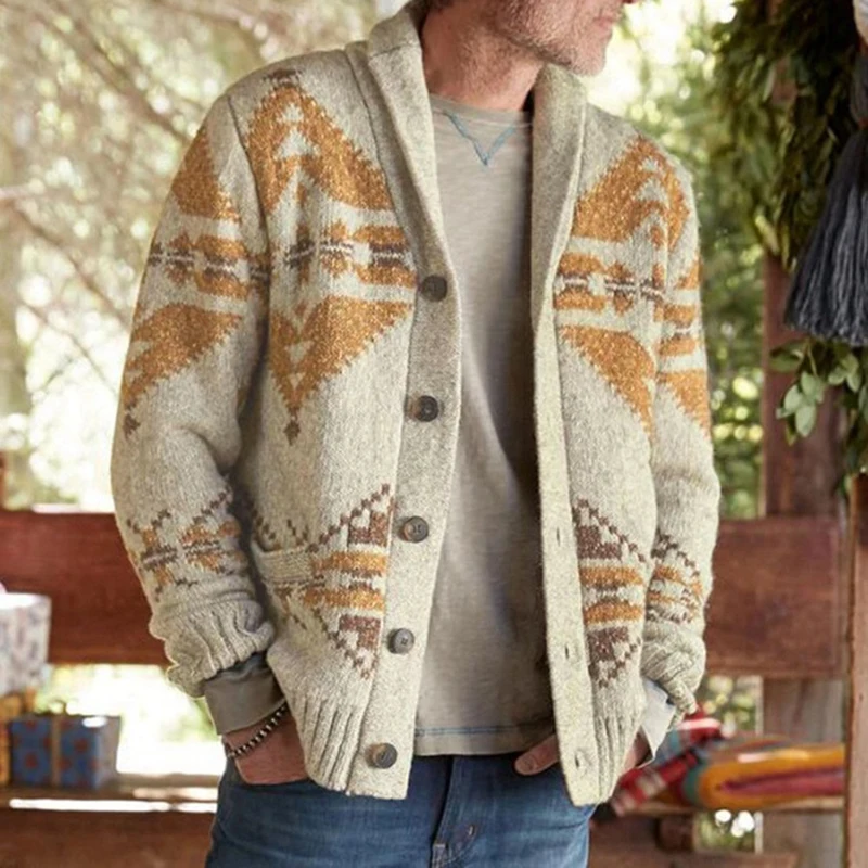 

Mens Autumn Pattern Print Knitted Cardigan Sweaters Coat Male Winter Casual Long Sleeve Buttons Coats Fashion 2021 Steetwear