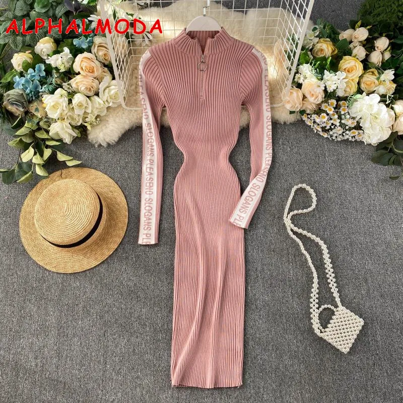 Женское вязаное платье ALPHALMODA пуловер на молнии с воротником осень зиму|Женские