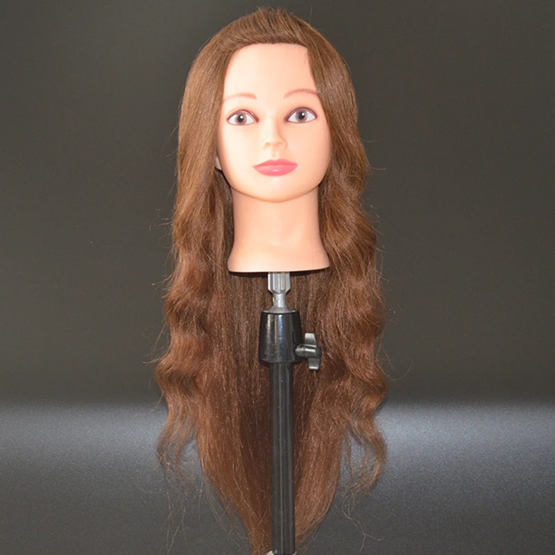 Animal hair real hair training head 20inch light brown color kappershoofd hairdressing head to practice blow curl braid maniquin