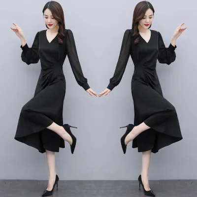 

Dress Women's Autumn New Solid Splicing V-Neck Long Sleeve Fashion Light Luxury Women's Long Large Slim Dress