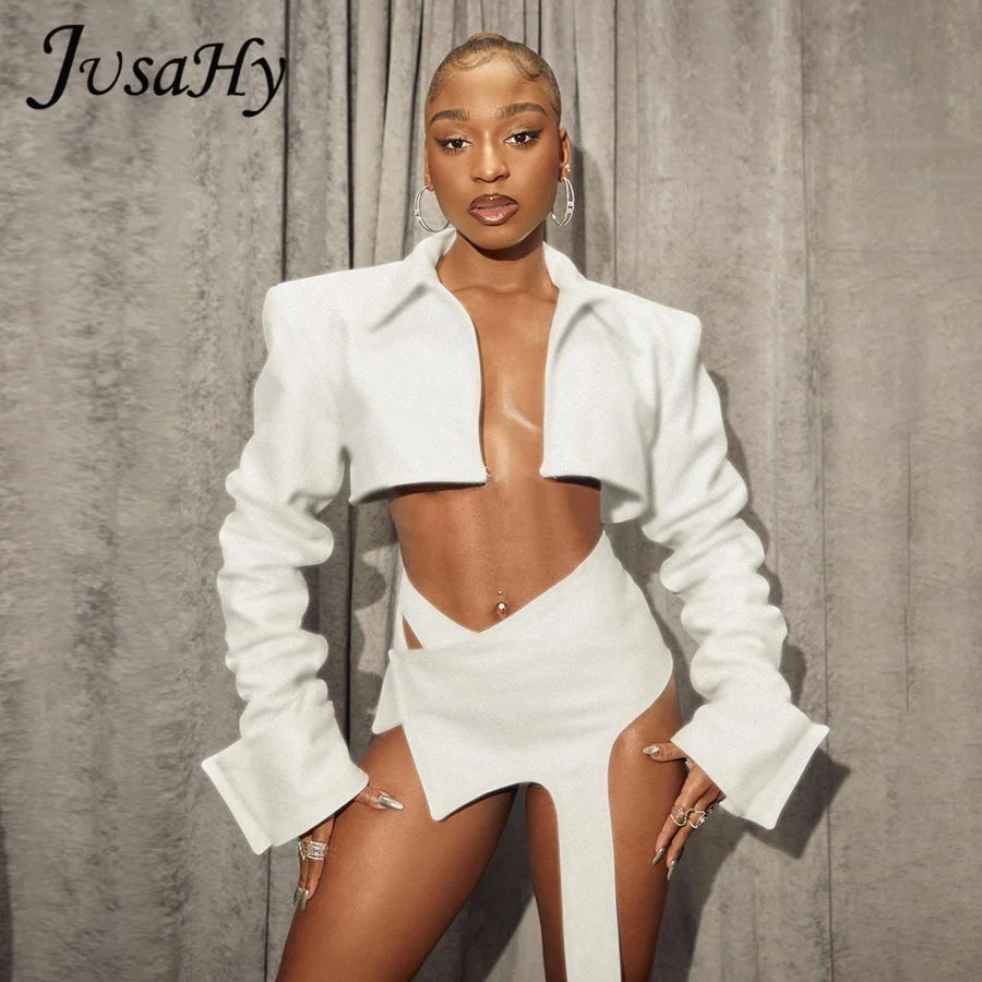 

Женский однотонный комплект JuSaHy Y2K из двух предметов, кардиган с эполетами и длинным рукавом, жакет + ультракороткая юбка с лентами, популярн...