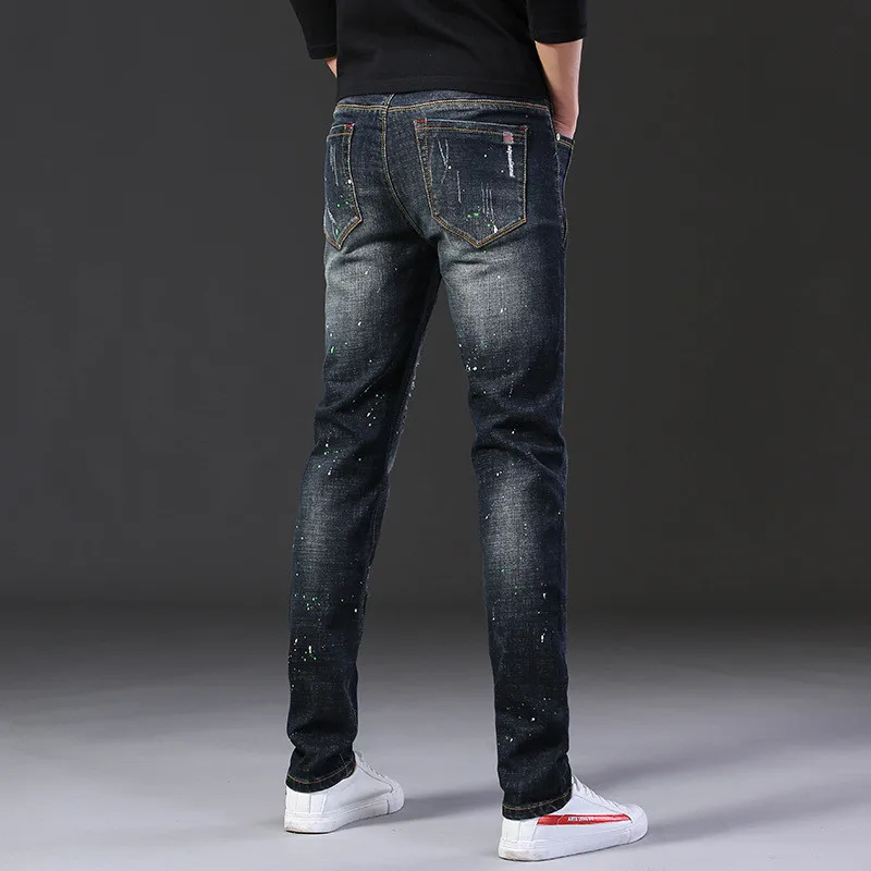 Men's Large Size Fit Paint Splash Hole-Patch Style Micro Shot Casual Fashion Straight Bottom Middle-Waist Denim Trousers