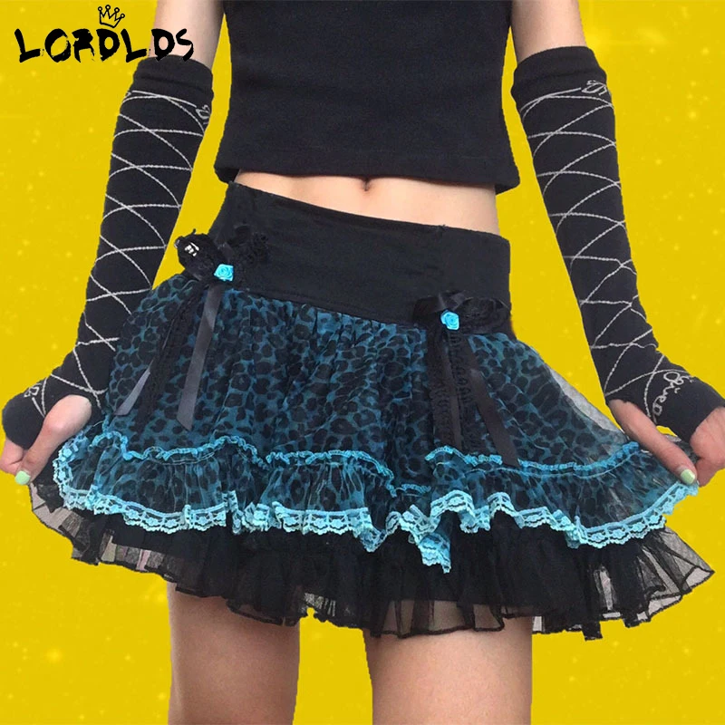 

LORDLDS с леопардовым принтом с юбкой-пузырем женский с кружевной отделкой в винтажном стиле, в стиле 90-х гот Эстетическая одежда розового и гол...