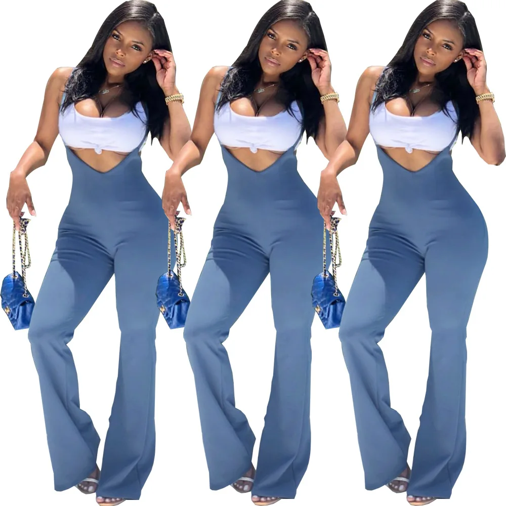 

European and American sexy women's fashion solid color suspenders zipper loose horn one-piece trousers nightclub