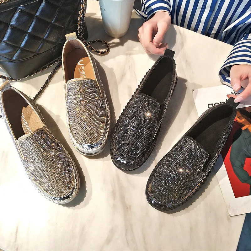 

Women Lady Female Mujer Fashion Rhinestone Plimsolls Zapatillas Thick Sole Casual Loafers Lazy Moccasins Flat Shoes N6-189