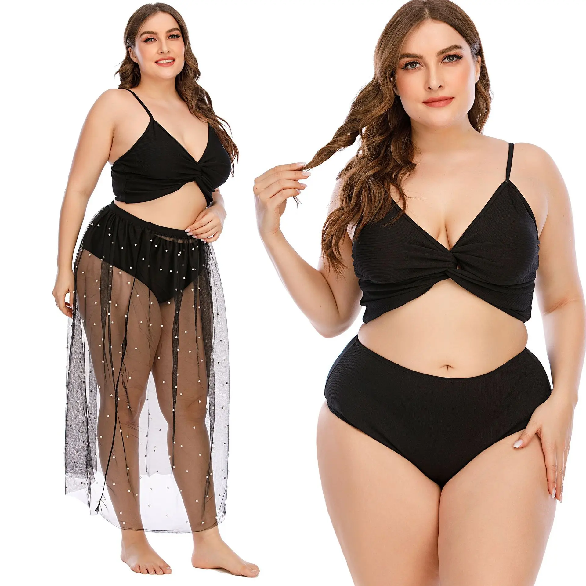 

Сексуальный женский купальник, 3 шт./компл., 2021 бикини с прикрытой юбкой, черный большой пляжный женский купальник в стиле ретро, размера плюс