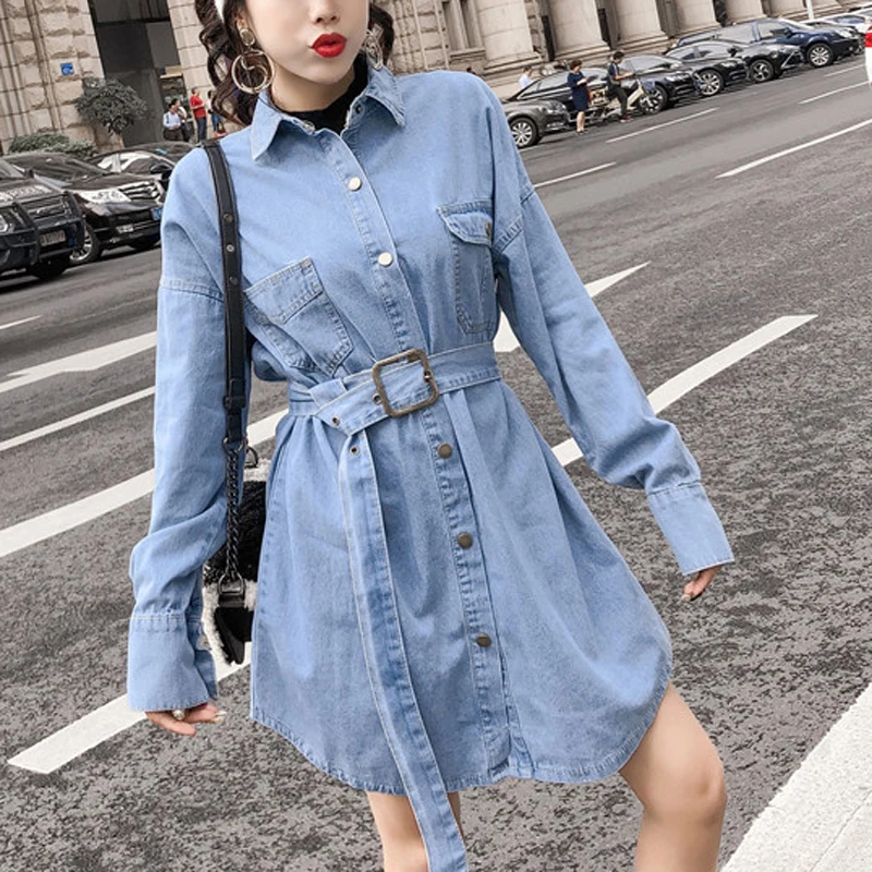 Джинсовое платье рубашка на осень и зиму винтажное повседневное Синее джинсовое