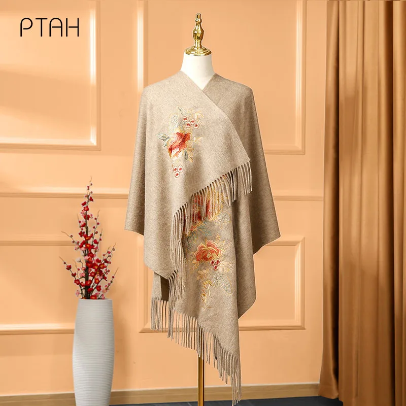 

[PTAH] Woolen Scarves Women Thicker Cashmere Shawl Wrap Winter Warmer Comfort Temperament Embroidery Large Soft Scarves 200*60cm