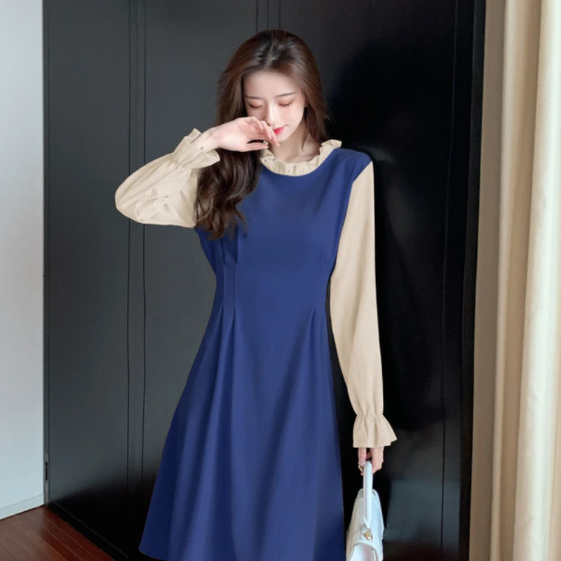 

Fashion Summer Kawaii Long Sleeve Patchwork O-Neck Corduroy Dress Plus Size Vintage High Waist Casual Daily Elegant Vestido