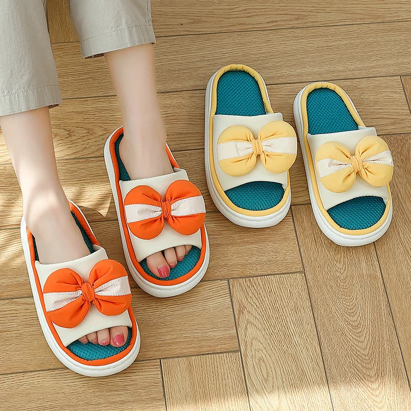 

COWCOM Linen Slippers Women Summer Indoor Home Cute Bowknot Thick-soled Non-slip Home Outdoor Men's Sandals and Slippers GYB