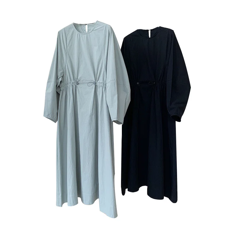 

Women Dress Autumn New Simple Fashion Round Neck Puff Sleeve Waist Dress Loose and Thin Mid-length Skirt