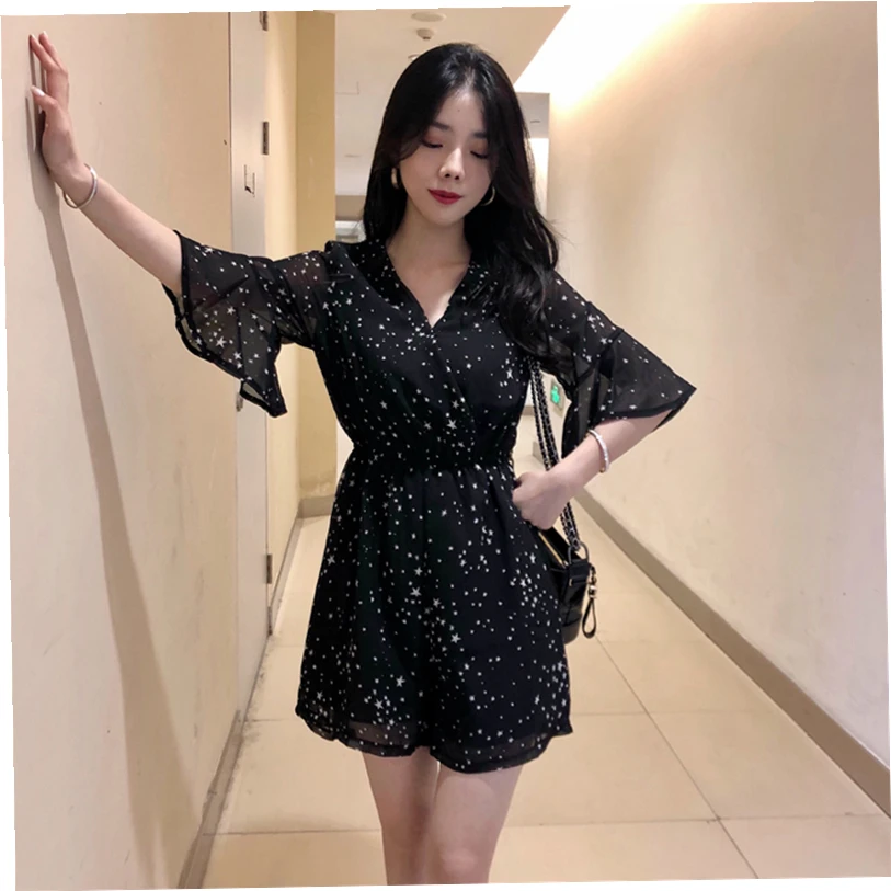 

COIGARSAM Casual Chiffon New High Waist V-Neck Dresses Black 695