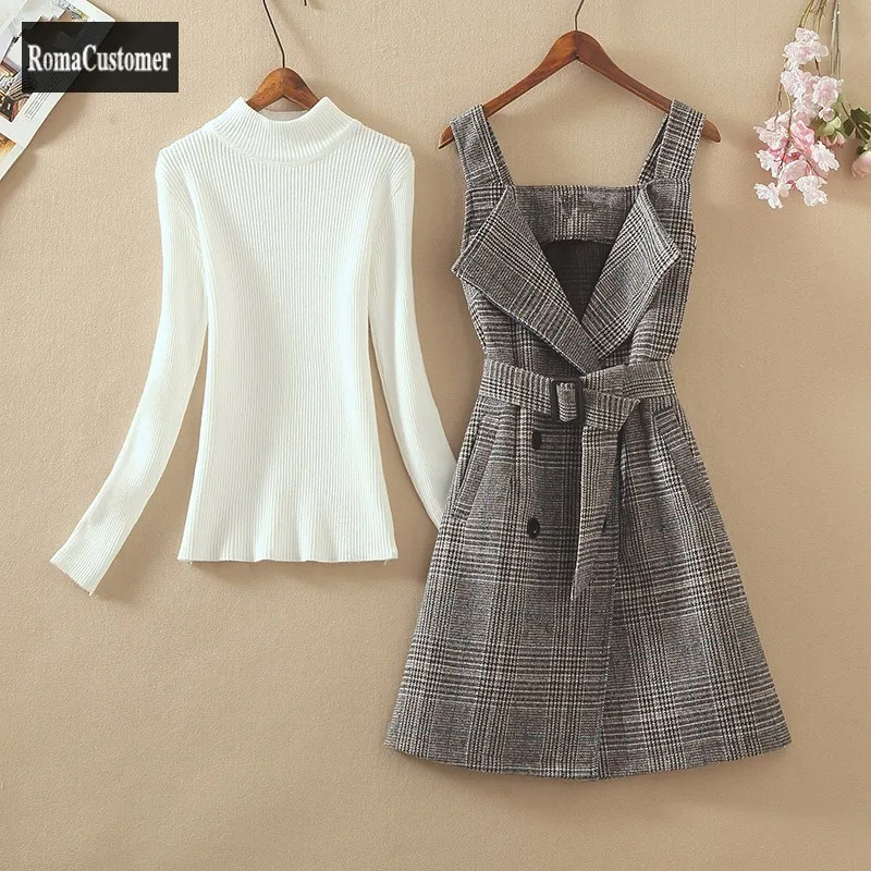 

Long Sleeve White Pullover Blouse Plaid Sashes Dress Womens Sets Double Breasted Slim Strap Dress Fashion Two-Piece Suit